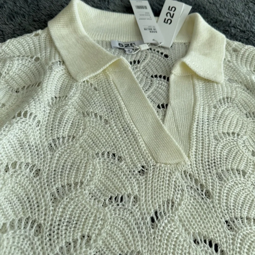 525 America Women's See-Through Collared Sweater, Loose Knit Sweater, Cream, M - Picture 6 of 8
